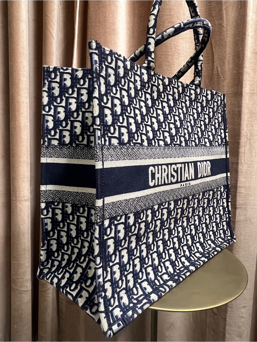 Dior Cream & Navy Oblique Canvas Tote with Christian Dior Stripe - Picture 8 of 9